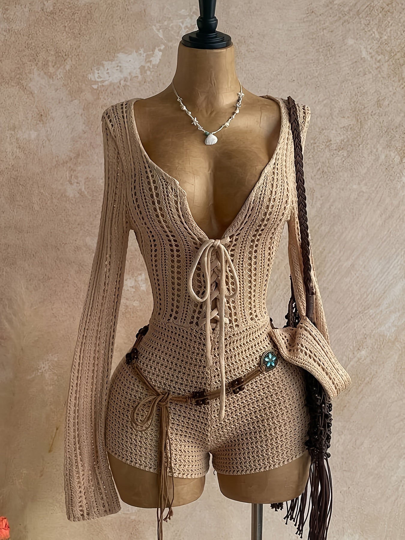 Women's Boho One-Piece with Crochet Pattern and Deep Neckline – Perfect for Beach, Vacation & Summer Parties