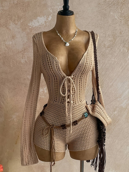 Women's Boho One-Piece with Crochet Pattern and Deep Neckline – Perfect for Beach, Vacation & Summer Parties