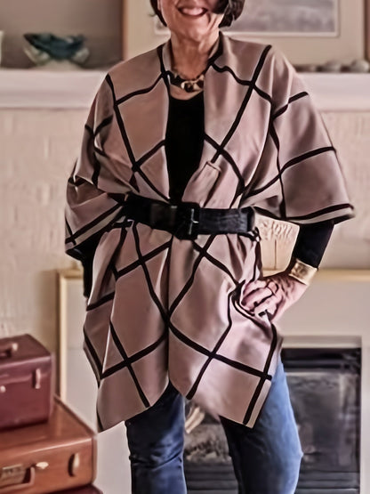 Damen Poncho Kariert Beige Schwarz mit Bindedetail