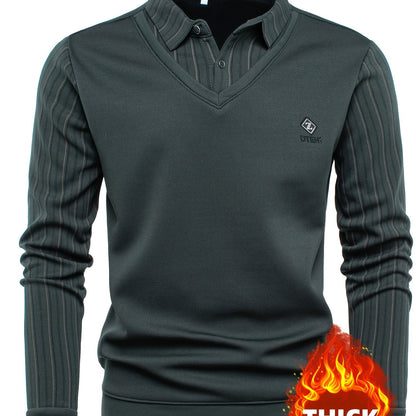 Men's long-sleeve shirt with a V-neck, sweater-style look, and striped sleeves