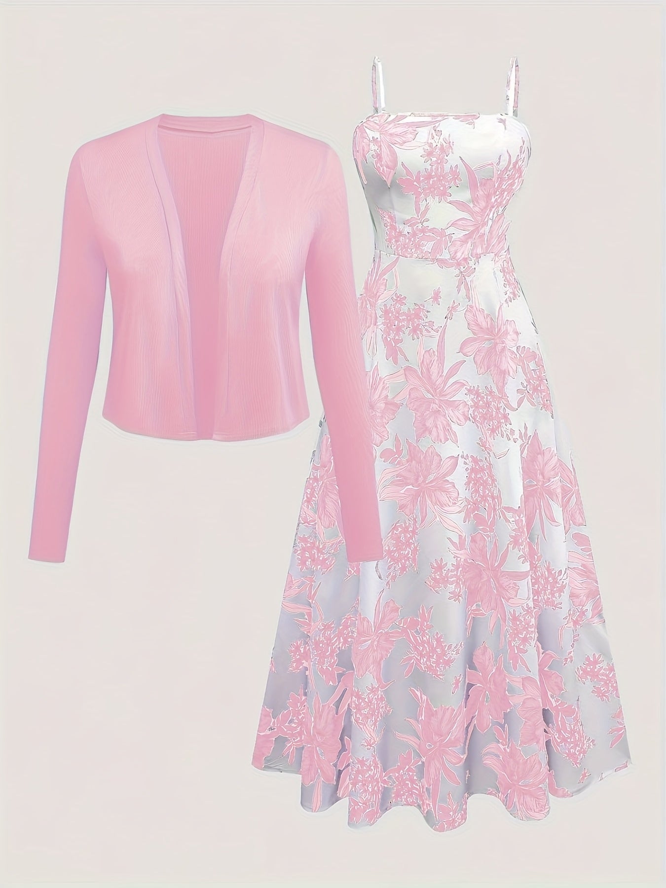Women's Midi Dress with Floral Pattern and Cardigan Set – Elegant Casual Look for Spring and Summer