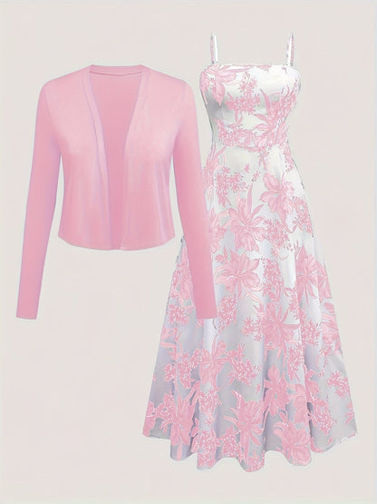 Women's Midi Dress with Floral Pattern and Cardigan Set – Elegant Casual Look for Spring and Summer