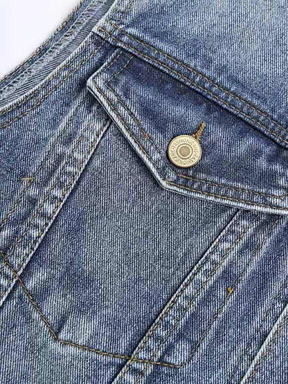 Men's blue sleeveless denim vest with button closure and chest pockets
