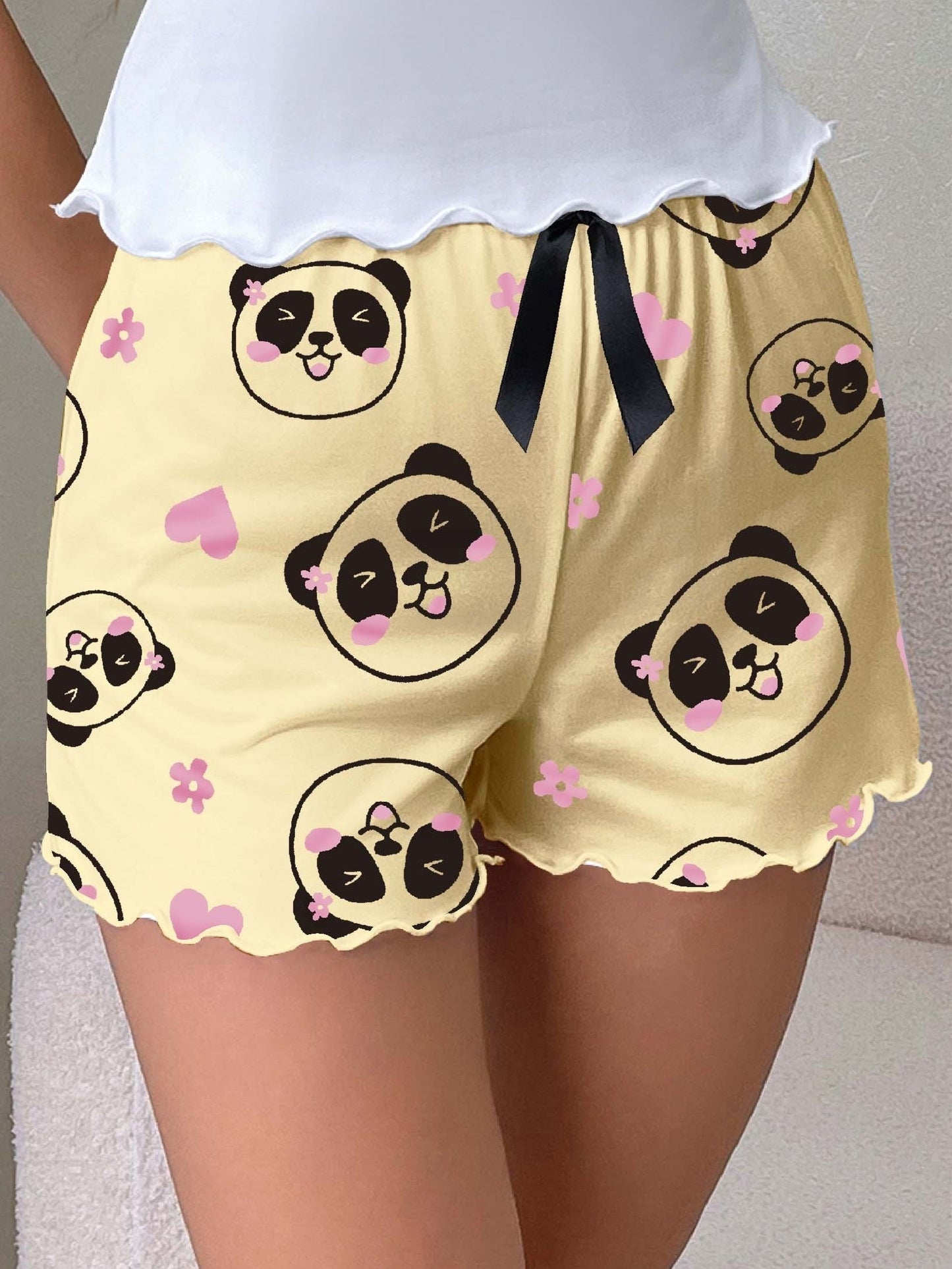 Women's pajama shorts with panda print and bow – cute sleepwear for spring & summer, casual style
