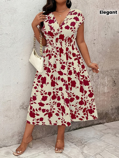 Women's Elegant Midi Dress with Floral Pattern and V-Neck for Casual and Special Occasions