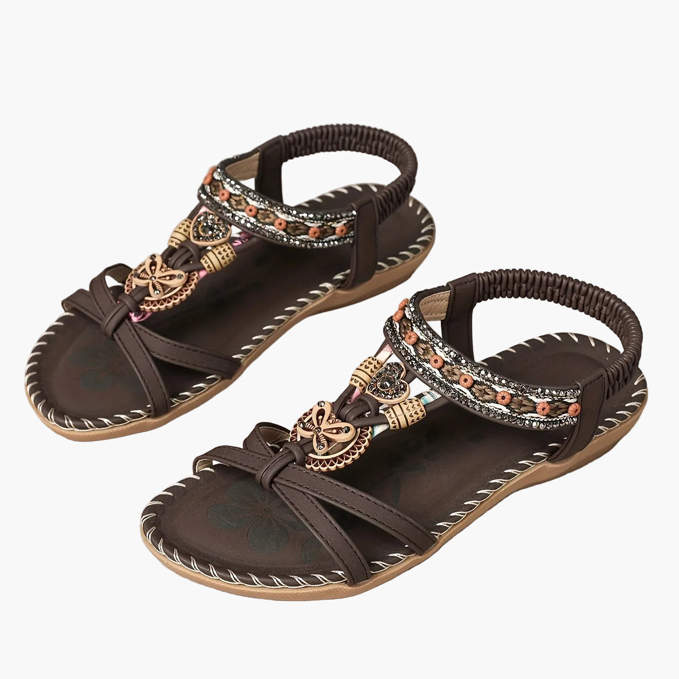 Women's Boho Sandals with Decorative Jewelry and Elastic Ankle Strap – Comfortable Summer Shoes for Casual Wear and Vacation