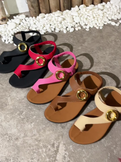 Women's Comfortable Summer Sandals with Elastic Strap and Gold Decorative Accent – Comfortable Casual Shoes for Everyday and Vacation