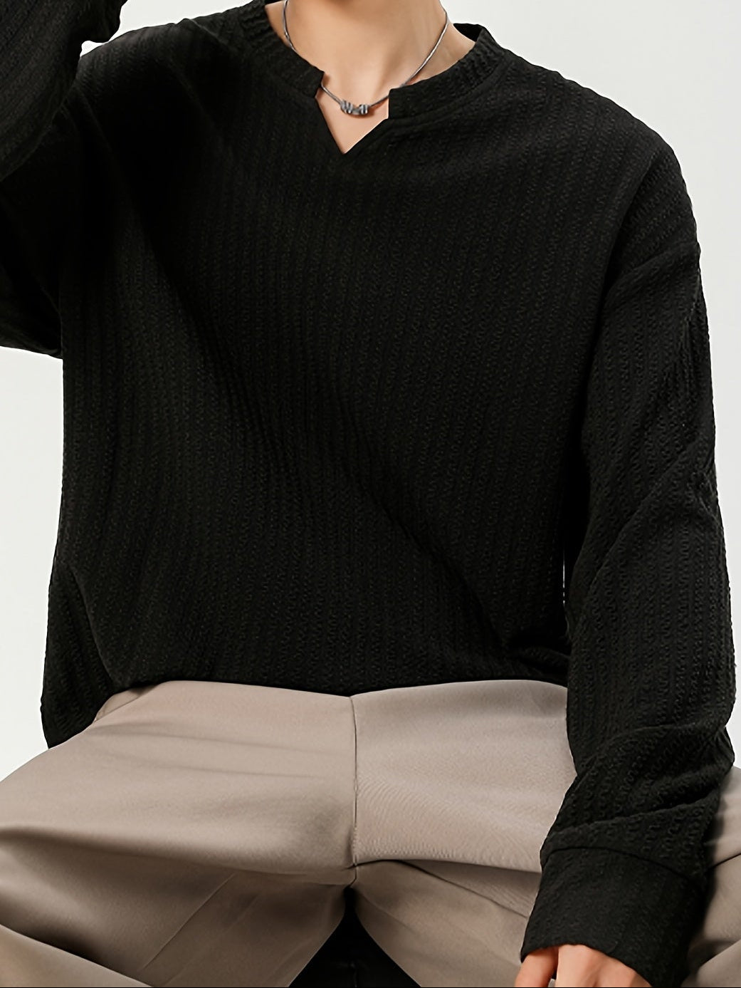 Men's long-sleeve shirt, Henley neckline, textured, light beige