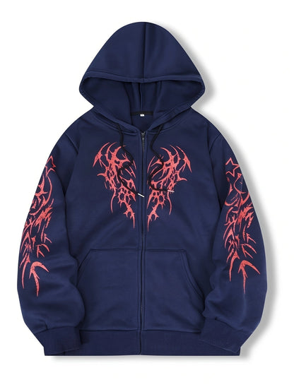 Hooded jacket with a zipper and graphic print