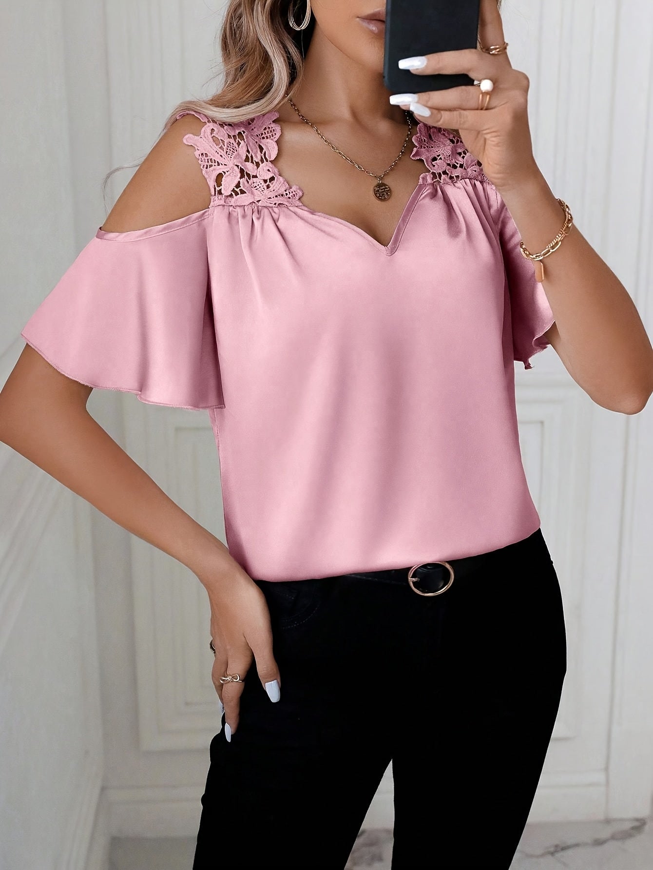 Women's cold-shoulder blouse with lace trim and flounce sleeves – elegant feminine look for office & leisure