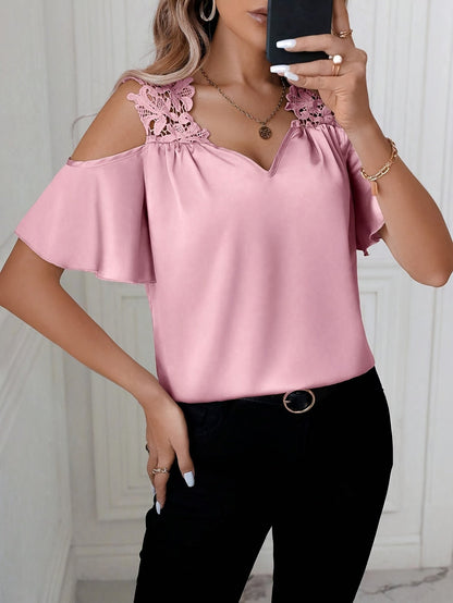Women's cold-shoulder blouse with lace trim and flounce sleeves – elegant feminine look for office & leisure