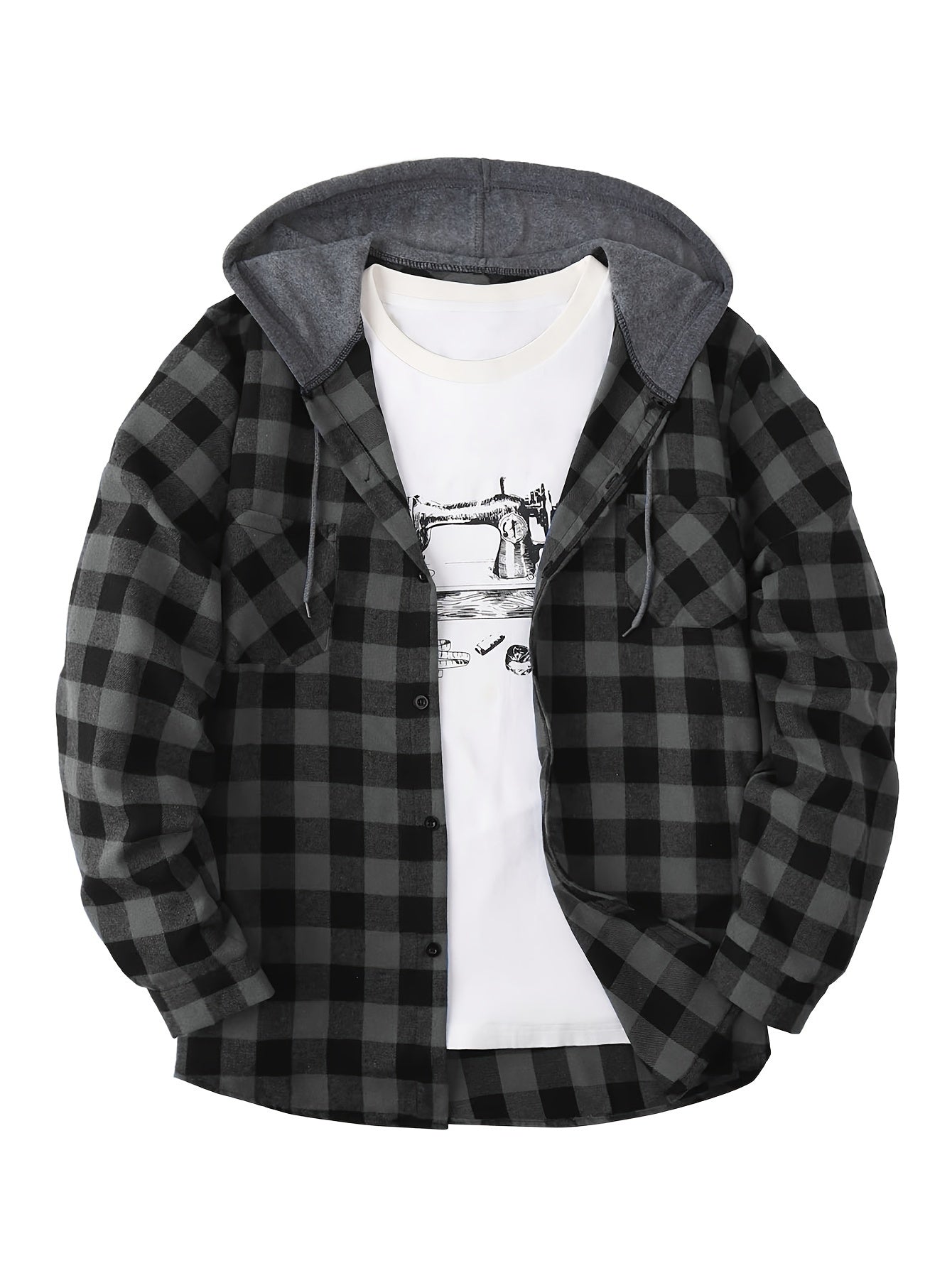 Men’s plaid hooded shirt with button placket