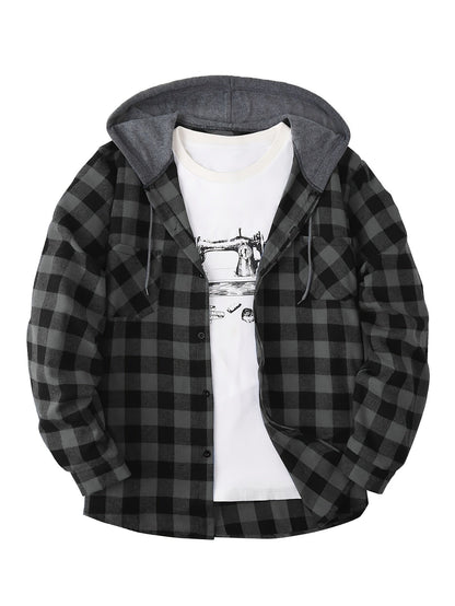 Men’s plaid hooded shirt with button placket