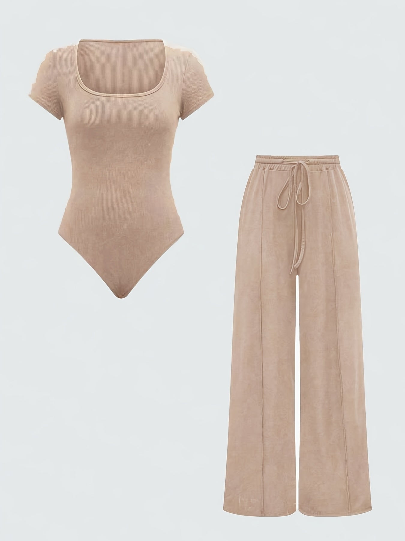 Women's One-Piece Set with Square Neck Bodysuit and Wide Pants, Casual & Everyday
