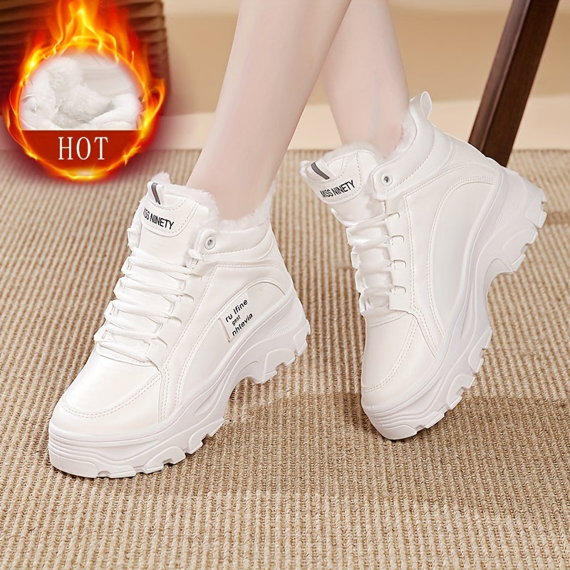 Damen Gefütterte Plateausneaker, Winter Hohe Sneaker mit dicker Sohle, Weiß