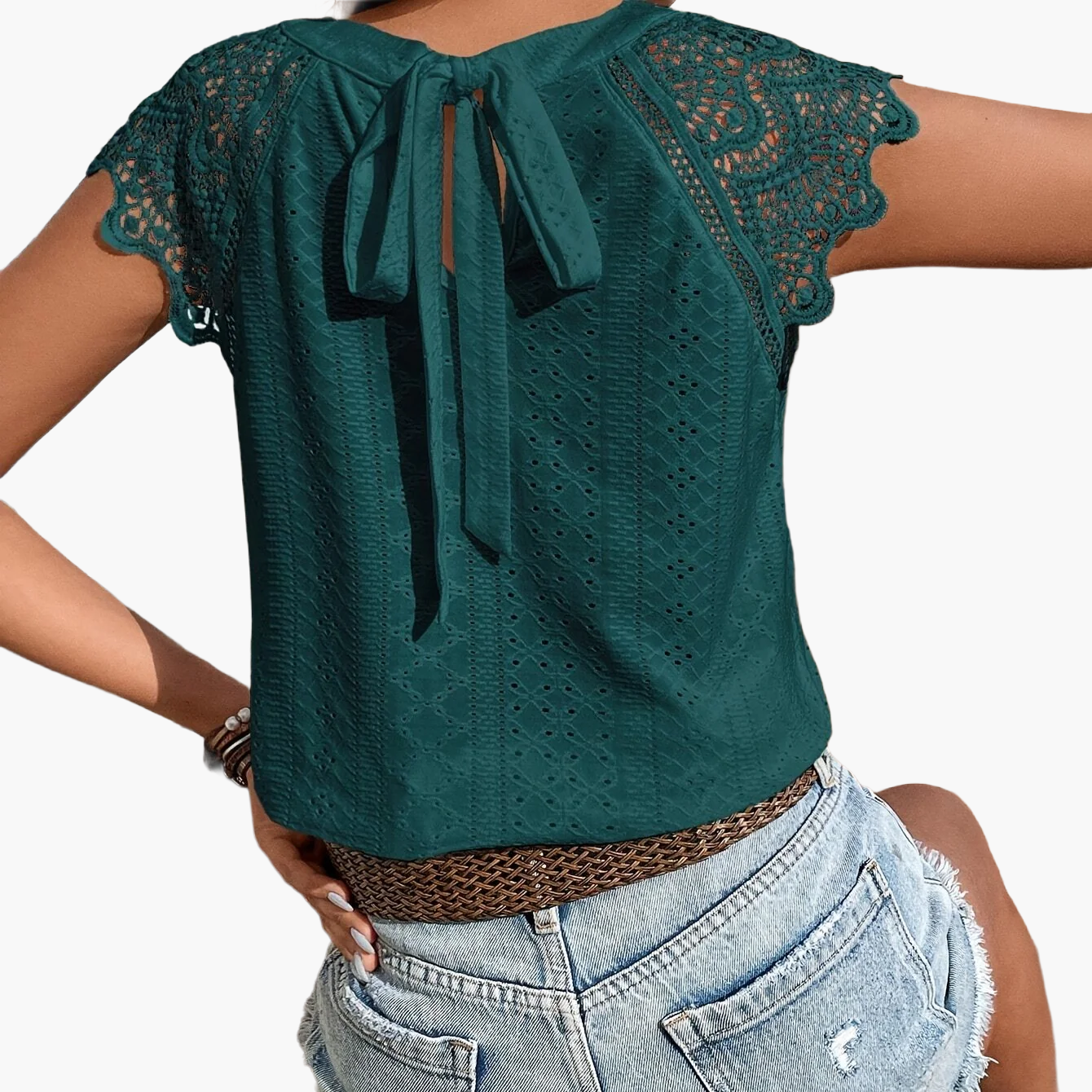 Women's lace blouse with back bow and short sleeves – summer casual boho style
