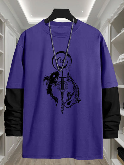 Unisex long-sleeve shirt with layered look, sword and fish graphic, black and white