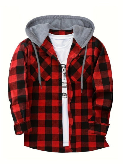 Men’s plaid hooded shirt with button placket