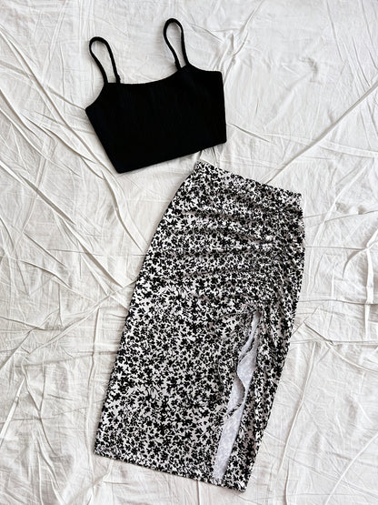 Women's Summer Outfit Set – Fashionable Top and Midi Skirt with Floral Design for Vacation and Leisure