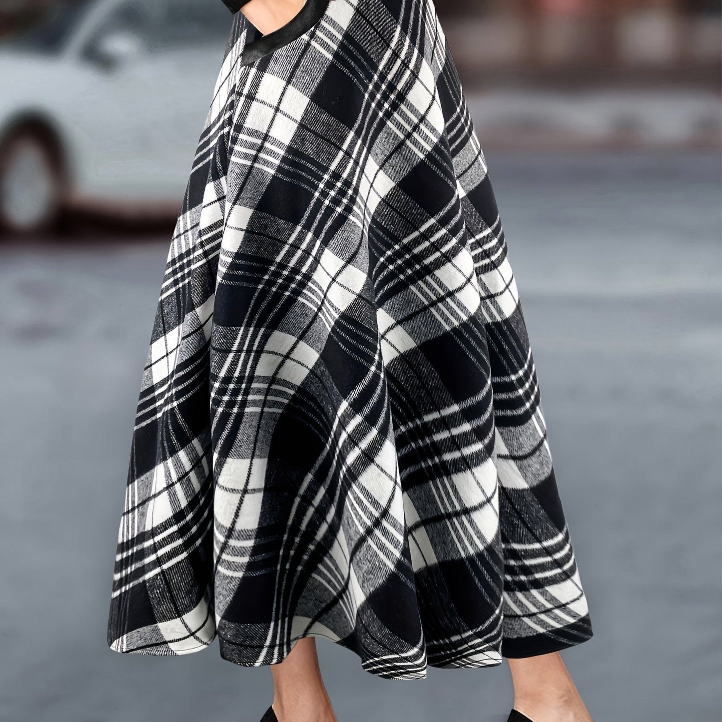 Damen Karierter Maxi-Rock A-Linie mit Taschen