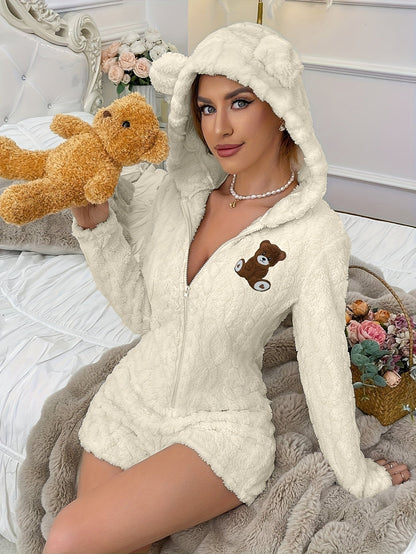 Women's plush hooded onesie pajamas with teddy bear design