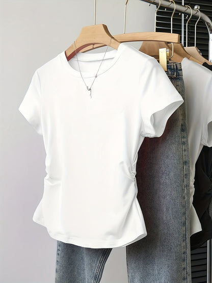 Women's Basic T-Shirt with Crew Neck and Ruching – Everyday & Casual