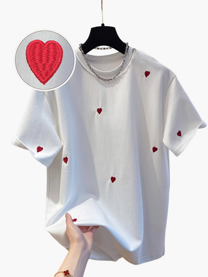 Women's T-Shirt with Embroidery and Heart Pattern – Casual Style, Spring/Summer