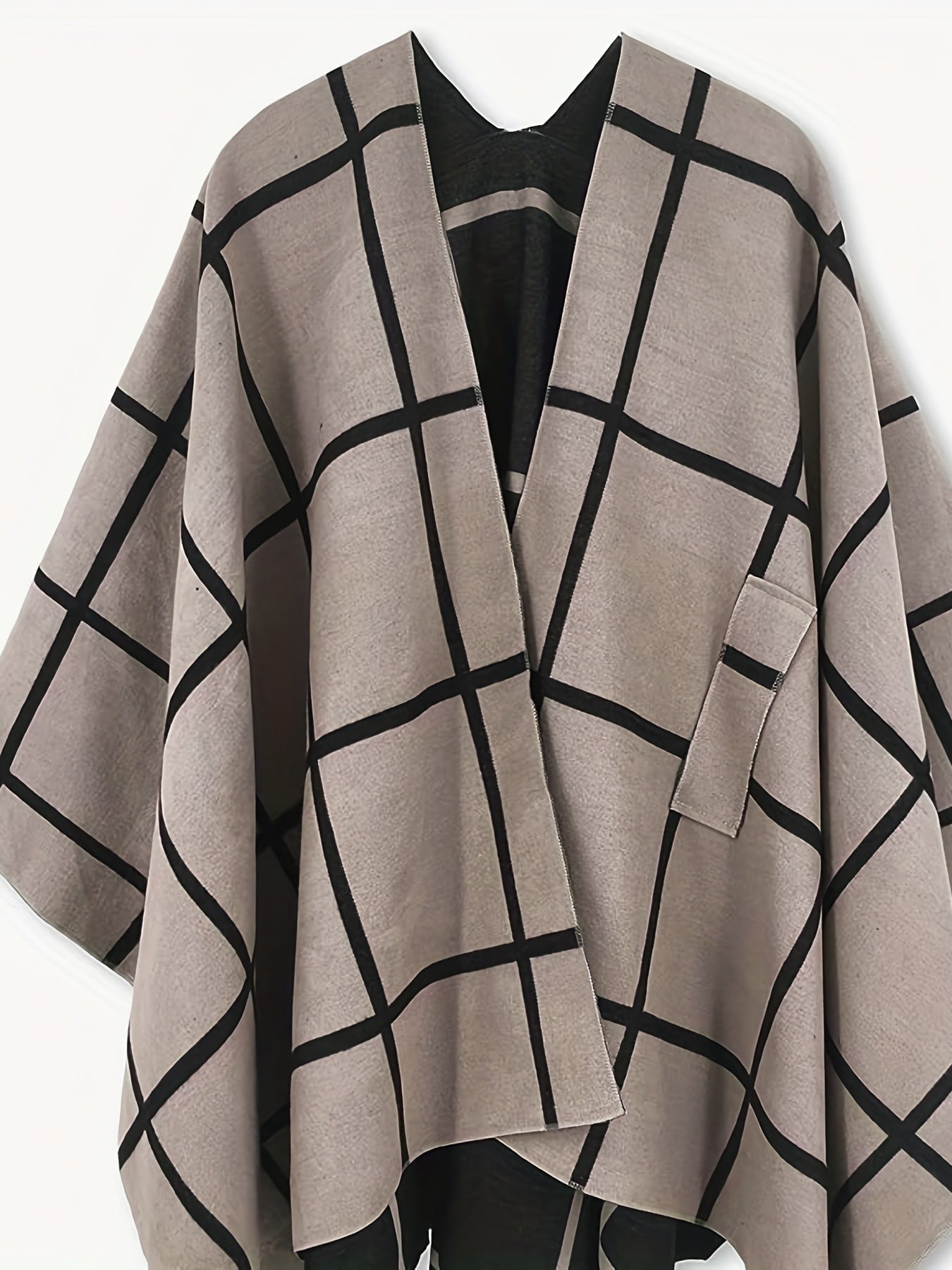 Damen Poncho Kariert Beige Schwarz mit Bindedetail