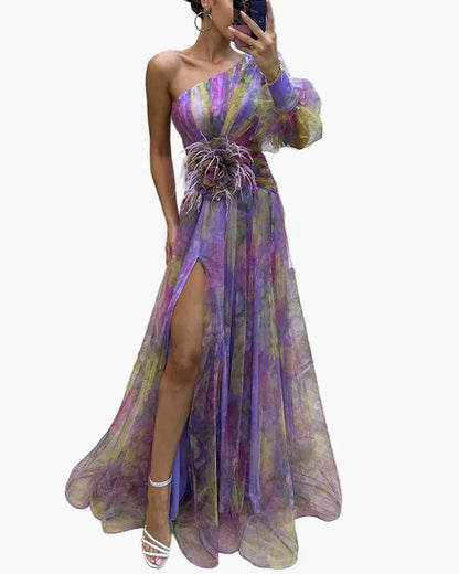 Damen Abendkleid One-Shoulder mit Puffärmel und Schlitz – Elegantes Kleid für festliche Anlässe