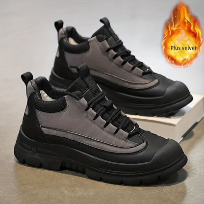 Men's sneakers, mid-top shaft, black and khaki, sturdy sole, lace-up closure