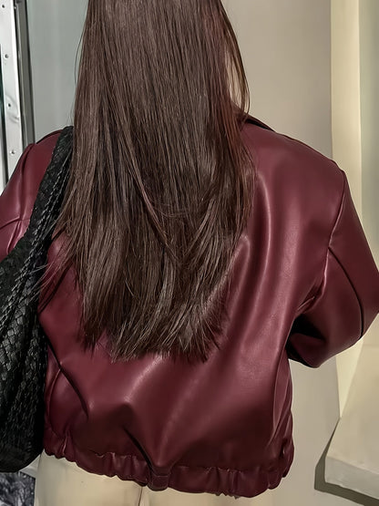 Women's leather-look bomber jacket with zipper and collar