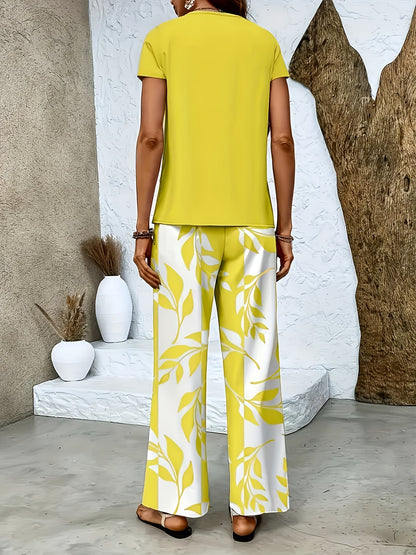 Women's Elegant Two-Piece Set with Short-Sleeve Shirt and Wide-Leg Pants, Floral, Perfect for Everyday and Vacation