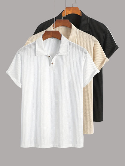 Men's Short-Sleeve Polo Shirt Set – Modern Waffle Pattern, Classic Casual Style, 3-Pack