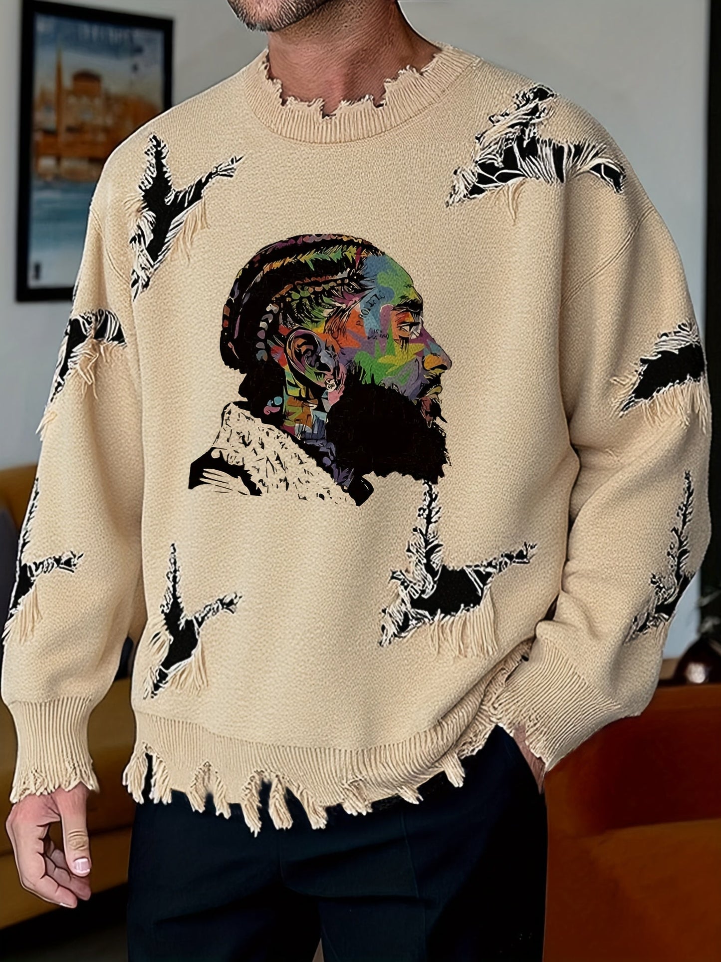 Men's chunky-knit crew-neck sweater with colorful portrait print and distressed details