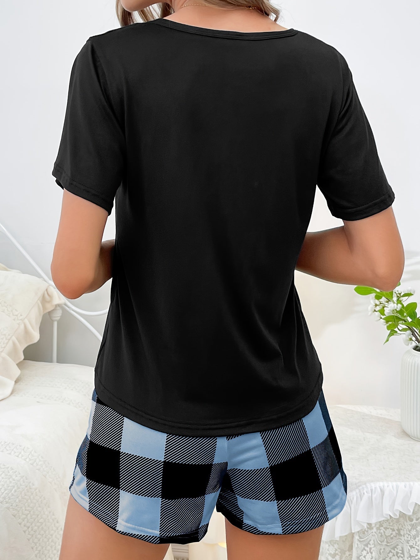 Damen Schlafanzug-Set Kurzarm Rundhals Kariert – Sommer Pyjama für Erwachsene, Bequem und Modisch