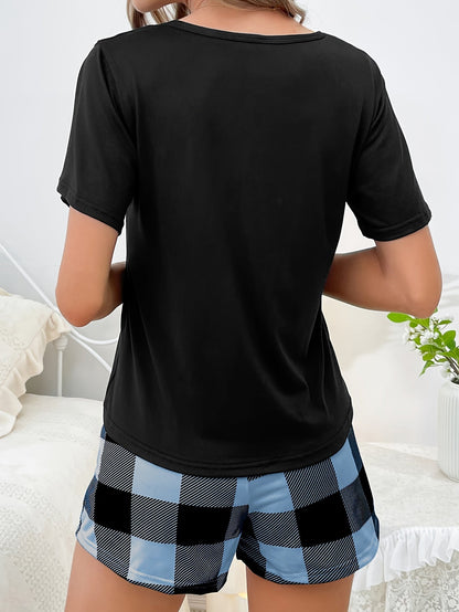 Damen Schlafanzug-Set Kurzarm Rundhals Kariert – Sommer Pyjama für Erwachsene, Bequem und Modisch