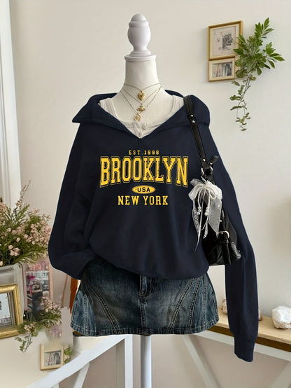 Sweatshirt with half-zip, collar, and Brooklyn print