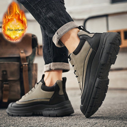 Men's sneakers, mid-top shaft, black and khaki, sturdy sole, lace-up closure