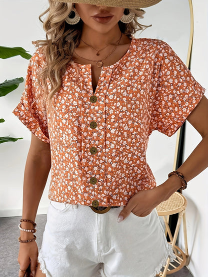 Women's Short-Sleeve Blouse with Floral Pattern and Button Placket – Elegant Summer Fashion for Everyday & Leisure