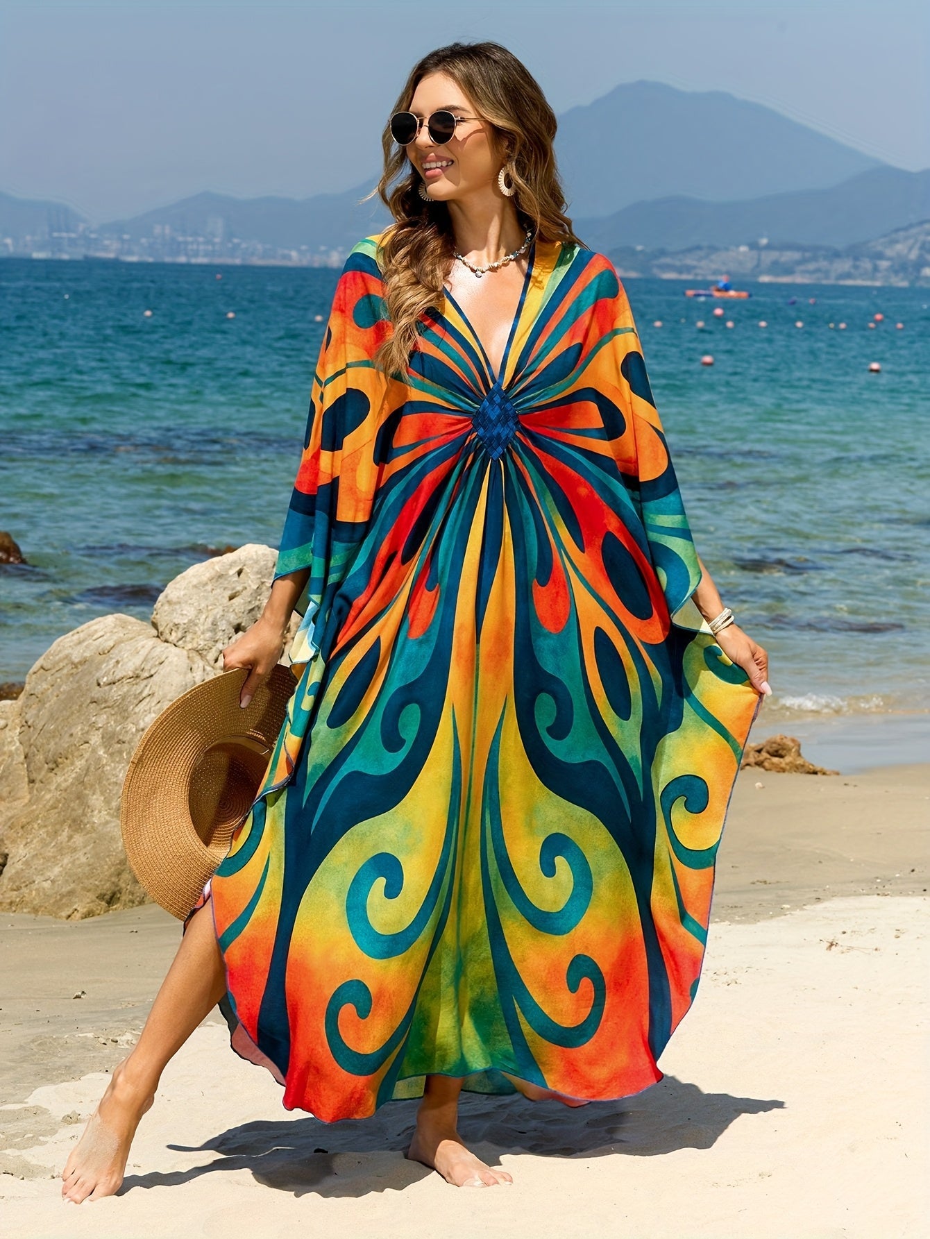 Women's Kaftan Maxi Dress – Boho Beach Tunic with Tie-Dye Pattern, Ideal as Summer Cover-Up