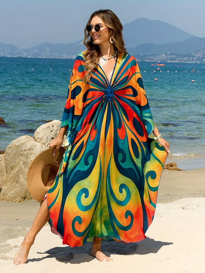 Women's Kaftan Maxi Dress – Boho Beach Tunic with Tie-Dye Pattern, Ideal as Summer Cover-Up