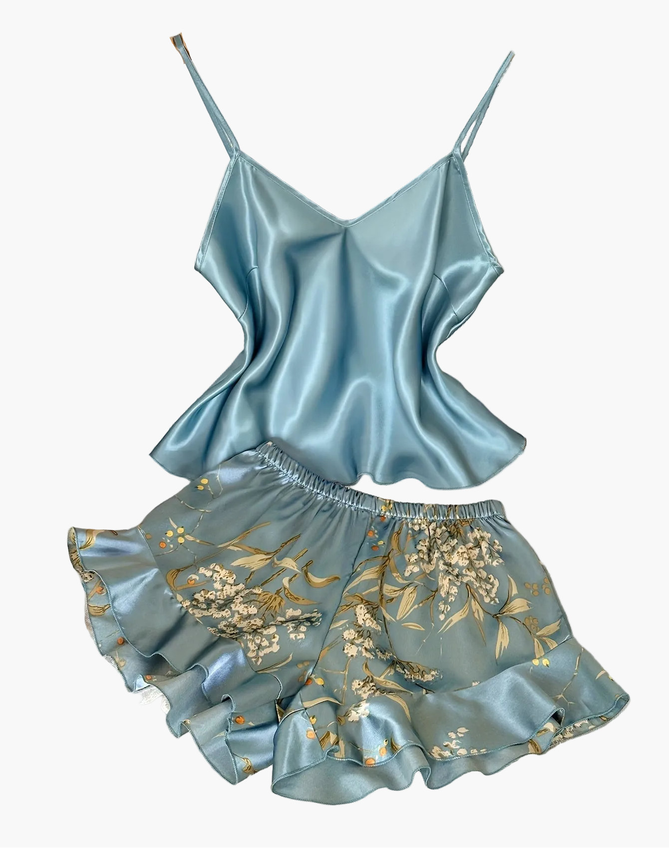 Women's pajama set with floral pattern and ruffles – summer nightwear in an elegant style