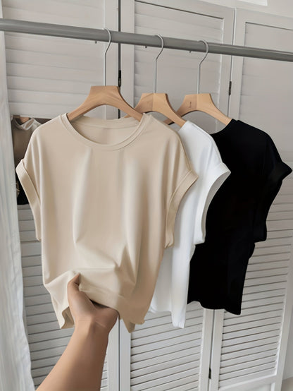 Women's Basic T-Shirt with Turn-Up Sleeves – Stylish Everyday Essential for Leisure and Office