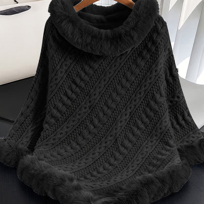 Poncho Damen Strick Zopfmuster mit Kunstpelzbesatz Marineblau