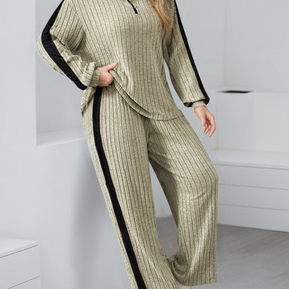 Ribbed women’s lounge set, two-piece sweater with zipper and wide-leg pants