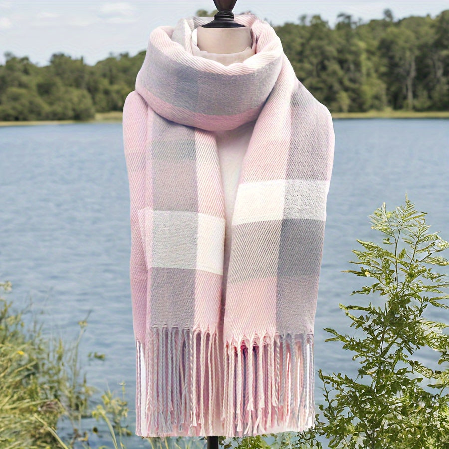 Plaid Scarf with Fringes – Soft & Warm, Pink-Gray-White