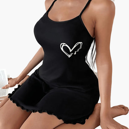 Women's nightdress with heart print and ruffles, casual summer slip dress for adults