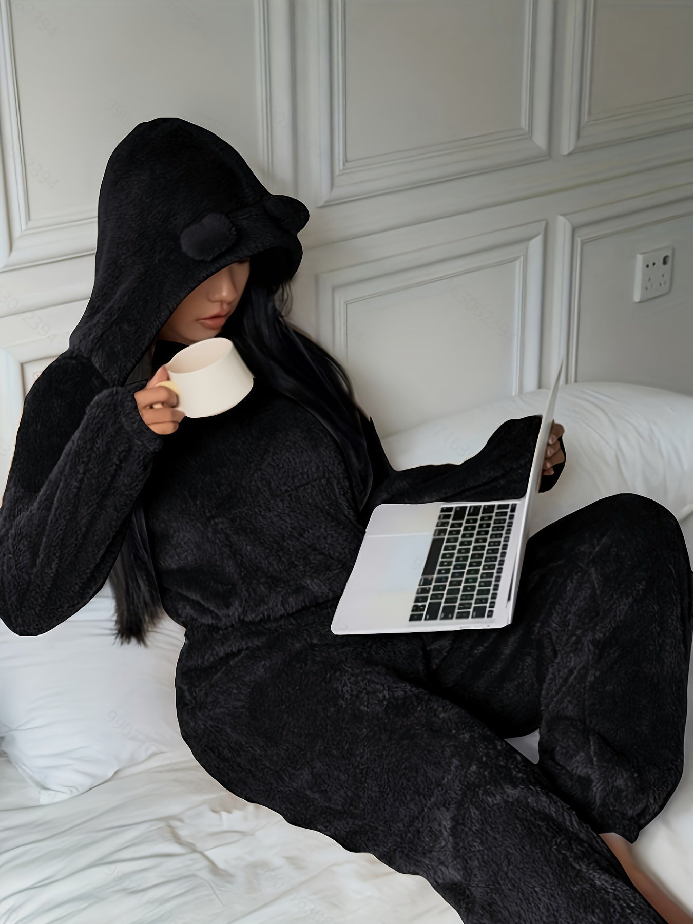 Damen Kuscheliger Loungewear Schlafanzug mit Kapuze und Ohren Plüsch Zweiteiler