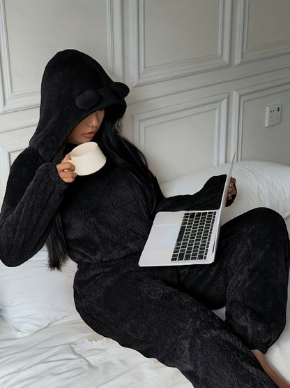 Damen Kuscheliger Loungewear Schlafanzug mit Kapuze und Ohren Plüsch Zweiteiler