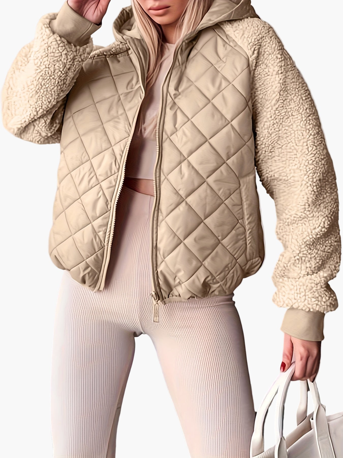 Women's quilted jacket with hood and teddy fur sleeves – fashionable transitional jacket for everyday and leisure use